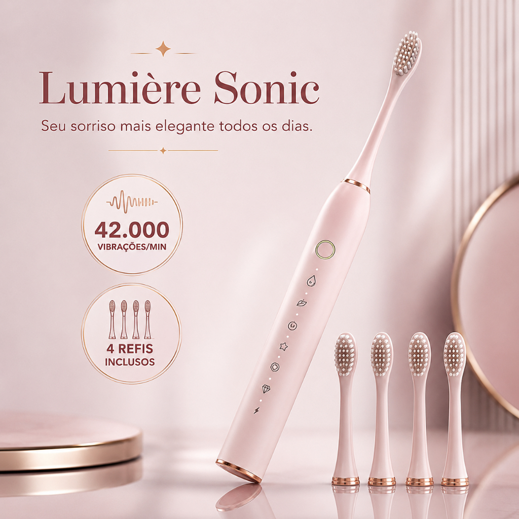 Escova Elétrica Sônica Lumière Sonic Rosa 42.000 Vibrações/min 6 Modos + 4 Refis | Limpeza Profunda.