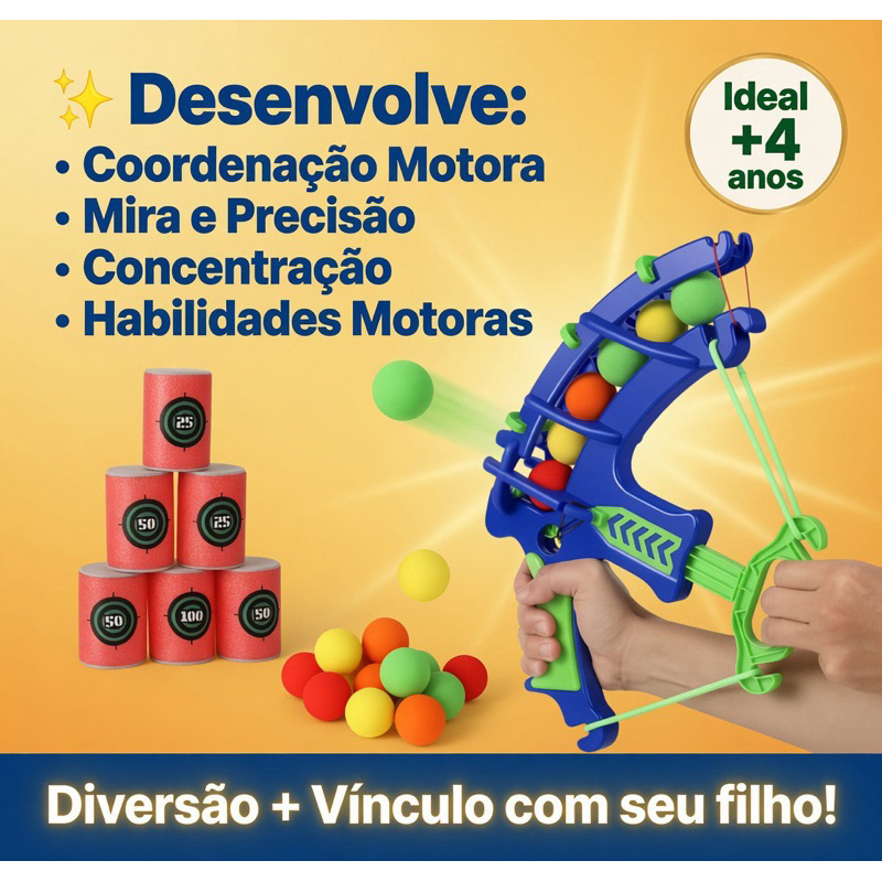 Tiro ao alvo infantil - Arco e flecha - Lançador de Bolinhas com Alvo