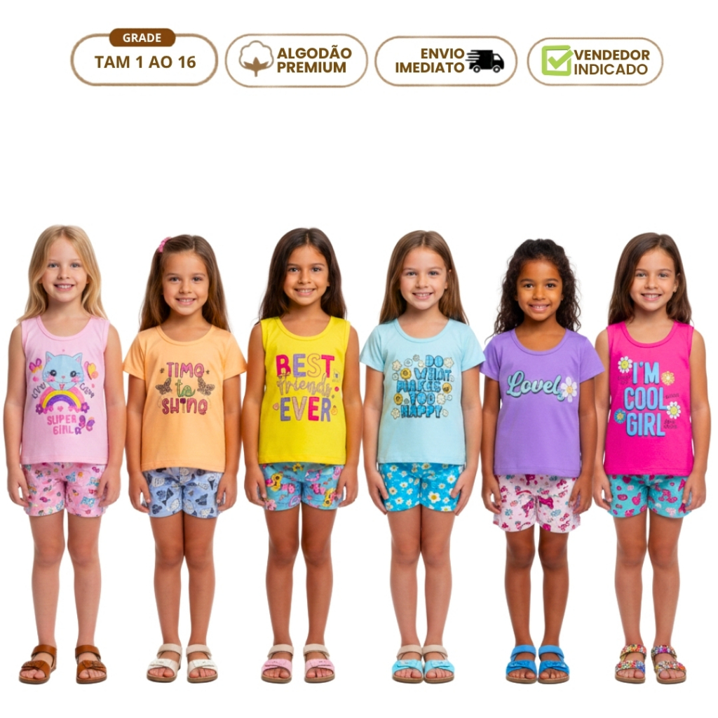 Lote 20 Peças Roupa Menina Cotton 10 Camiseta Verão 10 Short Conjunto Feminino Infantil Oportunidade