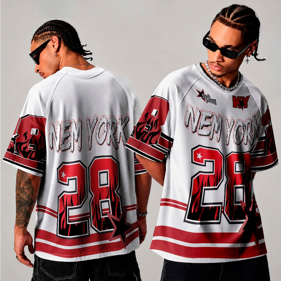 Camiseta Jersey Básica Sublimada Full Print New York Y2k Streetwear Red 28 City Oficial Dead Bunny Stars