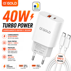 Carregador Turbo 40W USB-C + USB Fast Charge com Cabo Tipo-C