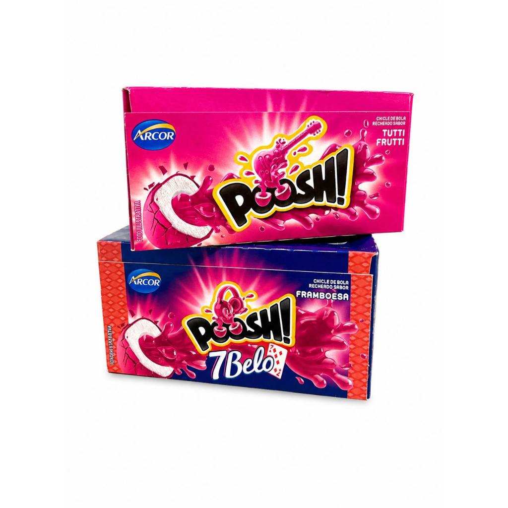 CHICLETE POOSH ARCOR CHICLE DE BOLA COM RECHEIO LIQUIDO SABOR FRAMBOESA 7 BELO E TUTI-FRUTI