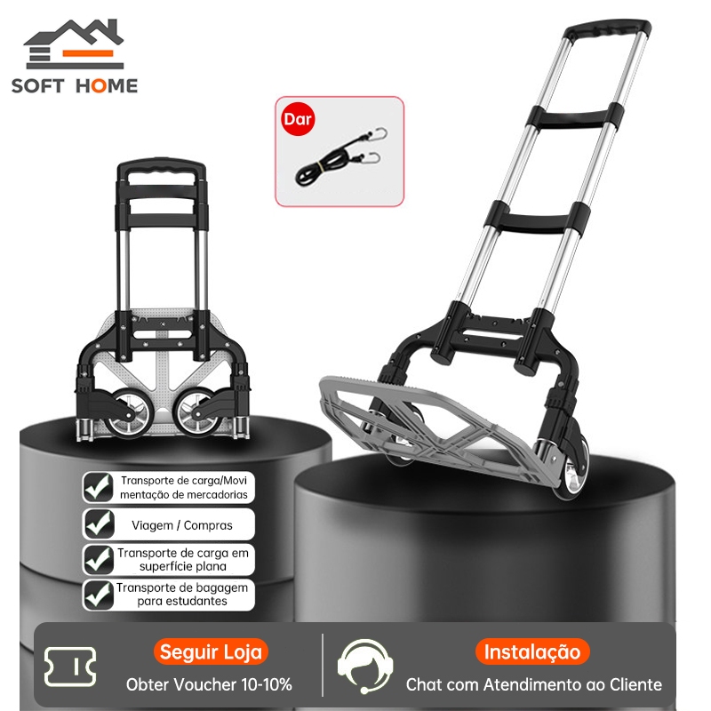 SOFTHOME Carrinho de Mão Dobrável 75kg com Roda PU Silenciosa + Corda Elástica Grátis