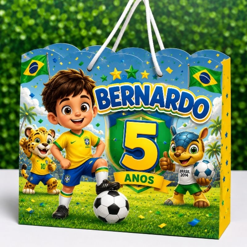 Sacolinha Surpresa Personalizada Futebol Brasil Hexa 2026 com Mascote | Lembrancinha Festa Infantil Futebol Brasil Copa