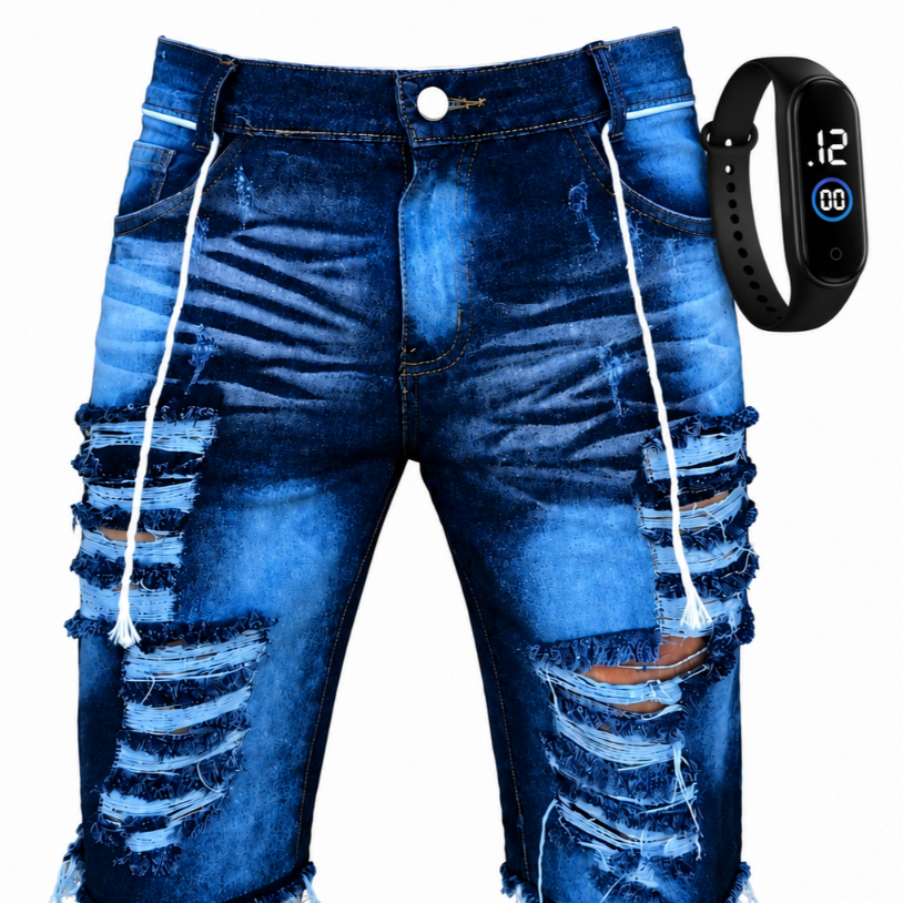 Bermuda Jeans Masculina Rasgada Desfiada Lycra  + Relogio esportivo Envio hoje envio imediato