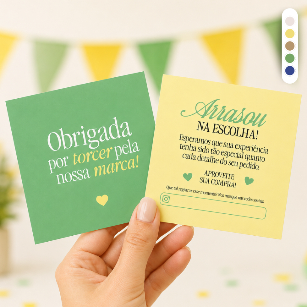 Cartão de Agradecimento Verde e Amarelo Copa Brasil 9x10cm Mimos para Clientes Loja de Roupa Brindes