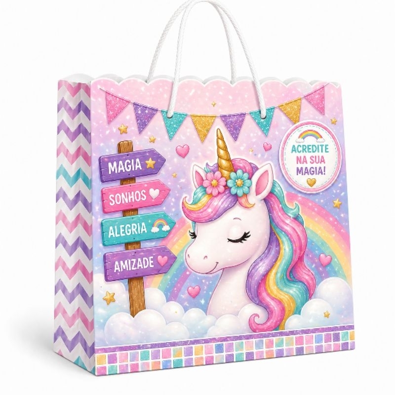 Sacolinha Surpresa Personalizada com Nome e Idade Tema Unicórnio Arco Íris Menina| Lembrancinha Decoração Festa Infantil