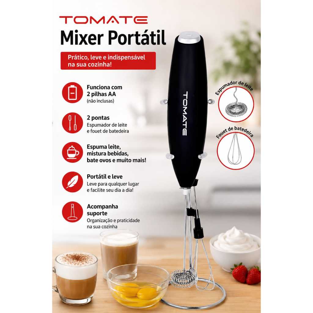 Mini Mixer Misturador De Bebidas E Fouet Portátil Batedor De Leite C/ Suporte MSRQ008 Á Pilha