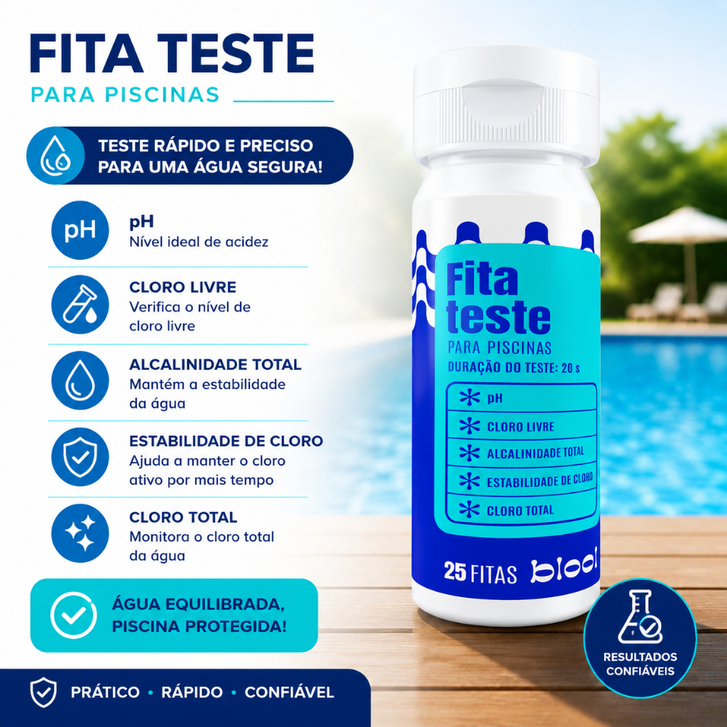 Fita Teste para Piscina Blool 5 em 1 - Mede pH, Cloro e Alcalinidade em 20 Segundos - Prática e Precisa - com 25 fitas