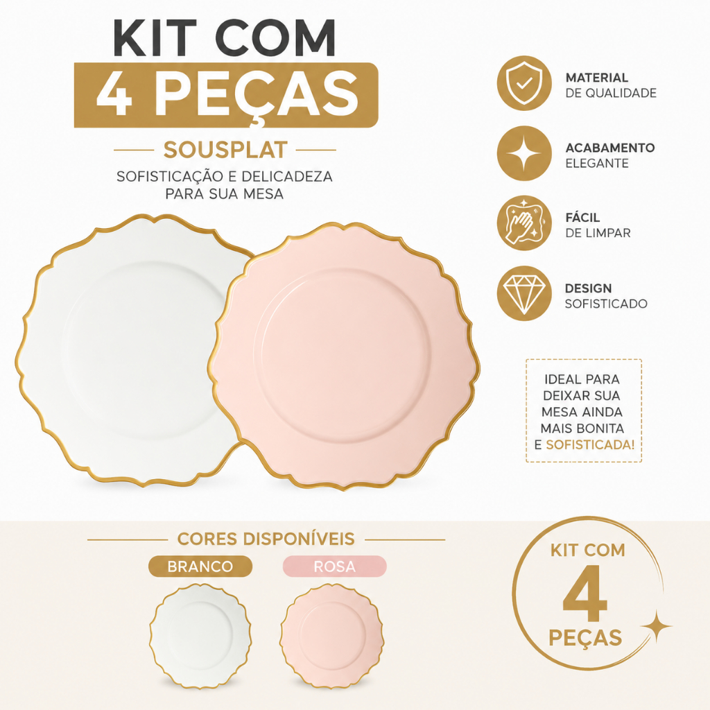 Kit 4 Peças - Sousplat Plástico Lavável Jogo Americano Redondo 33CM Mesa Posta Jantar Luxo Branco e Rosa Bordas Douradas