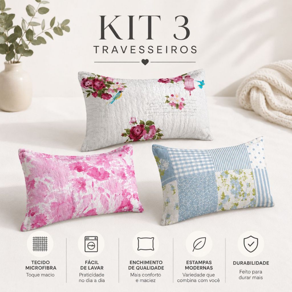 Kit 3 Travesseiros Cheio Estampas Sortidas Grande Macio Fofinho