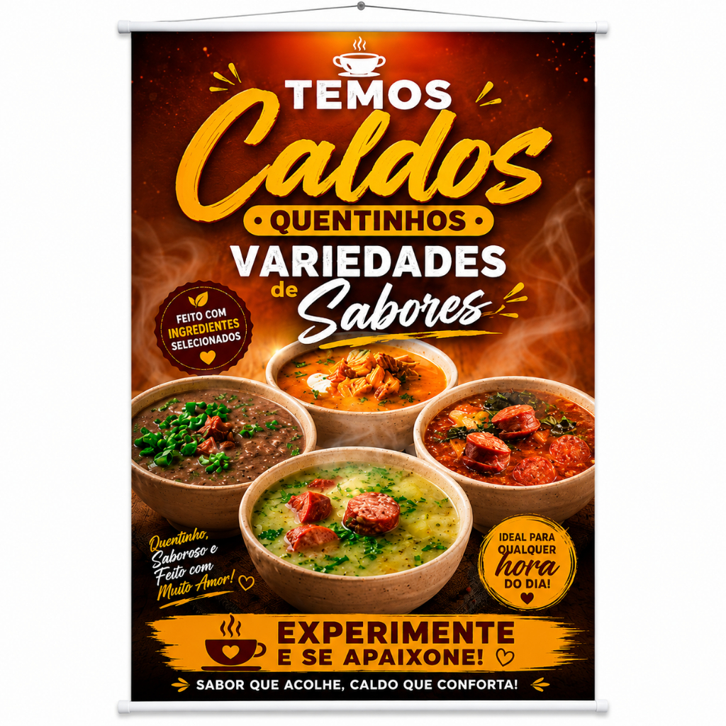 Banner Caldinho Caldo Quente vários sabores produzido em lona. Cartaz Propaganda Restaurante Pizzaria Lanchonete Barraca