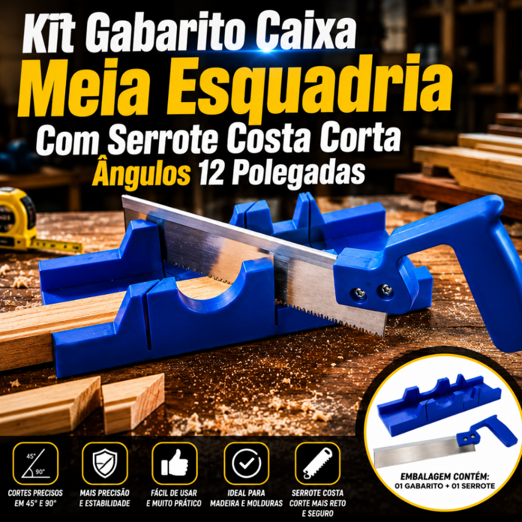 Kit Gabarito Caixa Meia Esquadria Com Serrote Costa 12 Polegadas Corta Ângulos