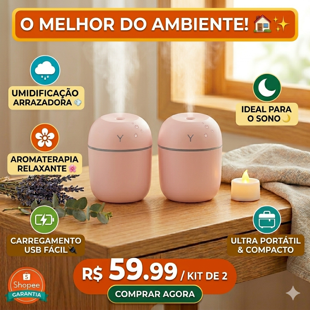 Kit 2 Umidificador De Ar Portátil Usb Purificador Aromatico Cor Rosa