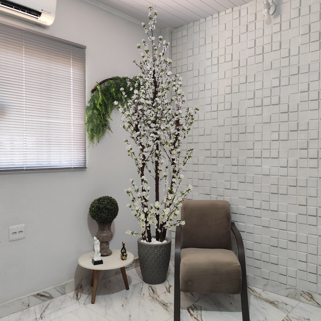 Árvore Artificial Cerejeira Sakura Branca 270cm Vaso Grande Pedra