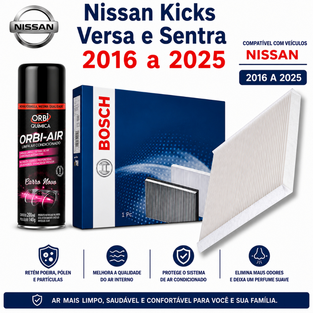 Filtro Ar Condicionado Nissan Kicks Versa Sentra 2016 a 2025 + Higienizador