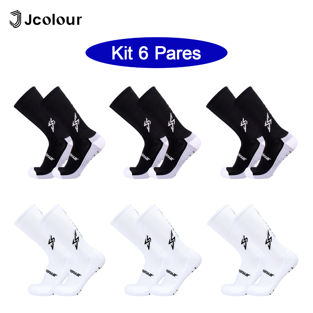 Jcolour Kit 6 Meias de Futebol tubo médio Thundergrip Esportivas Corrida Antiderrapante Futebol