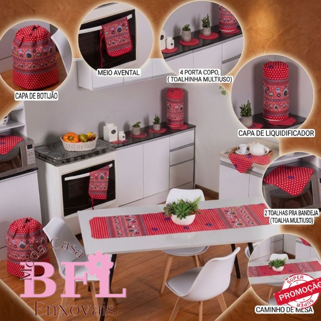 Jogo De Cozinha Kit 10 Peças  - Preço De Fábrica - Estampado - Caminho de mesa  e Multiuso + Capas para Eletrodomésticos
