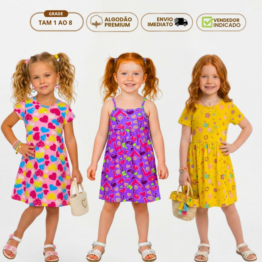 Kit 3 Vestido Infantil Bebê Menina Verão Regata Alcinha Manga Curta Calor Algodão Premium Estampado e Liso 1 ao 8 anos