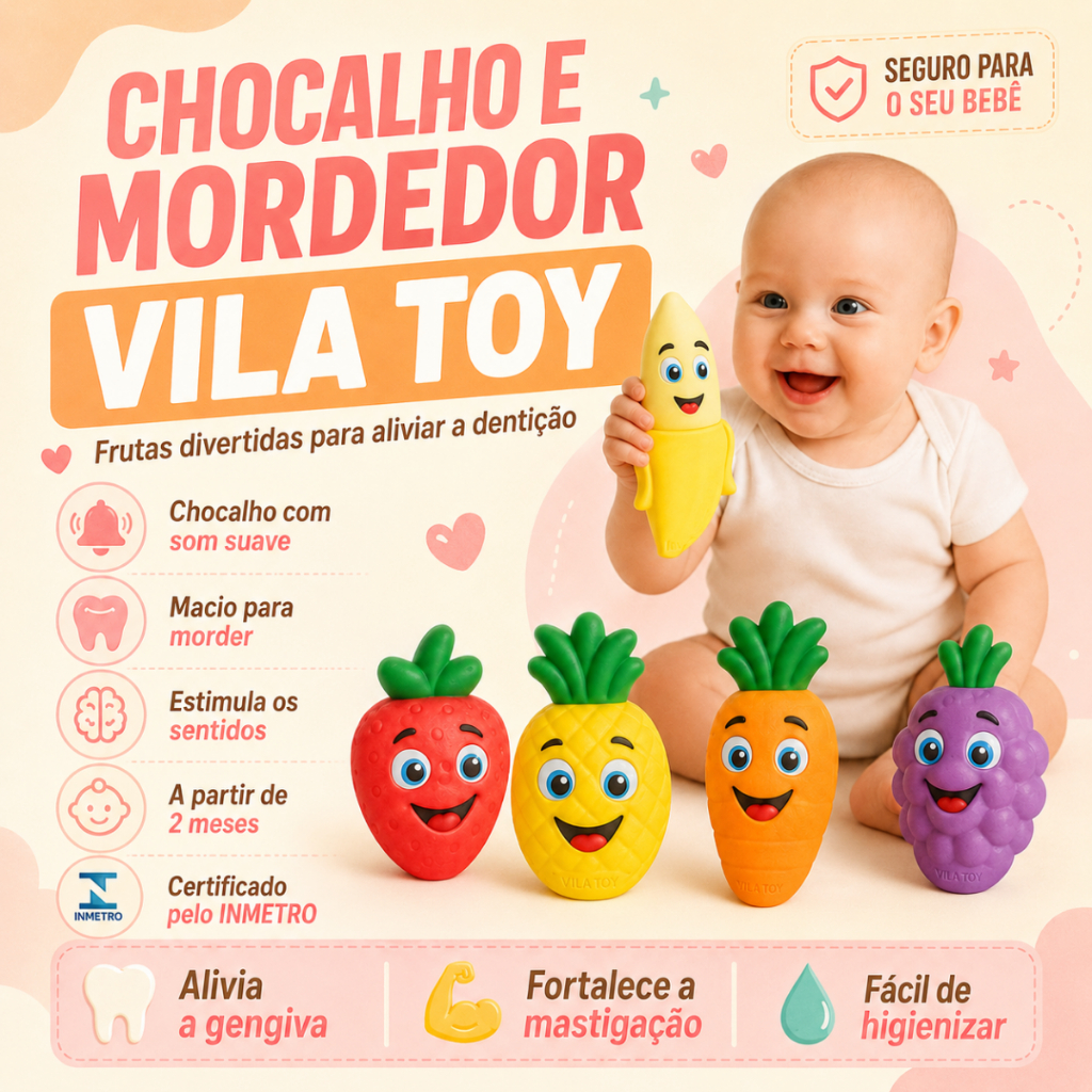 Mordedor Chocalho Frutinhas Bebe Vinil Atóxico Livre Ftalato Massageador Gengiva Sensorial Dentição 2 Meses INMETRO