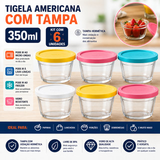 Tigelas De Vidro Com Tampa 350Ml Pote De Vidro Com Tampa 350ML TIgelinha Americana kits 6 Unid