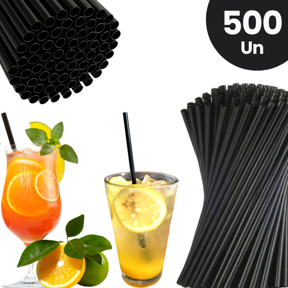 Canudo Preto De Plástico Descartável Para Drinks 8mm 500Un