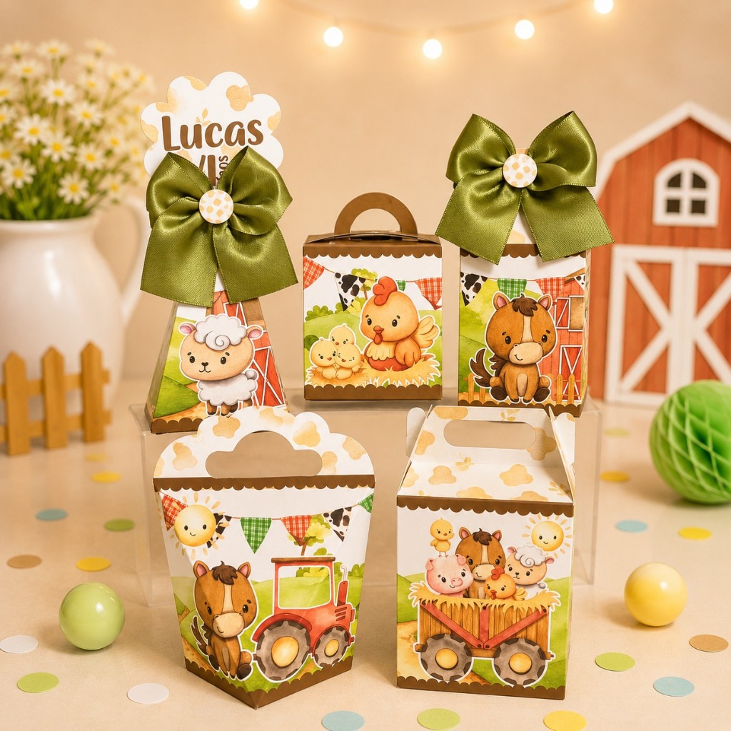 Kit Caixinhas Personalizadas ( Pegue e Monte) Fazendinha Aquarela Caixas para Lembrancinhas de Aniversário