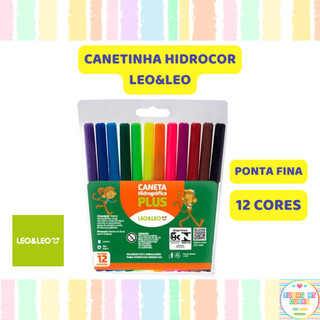 Canetinha Hidrográfica Ponta Fina LEO&LEO 12 Cores Lavável Escolar Caneta Colorida