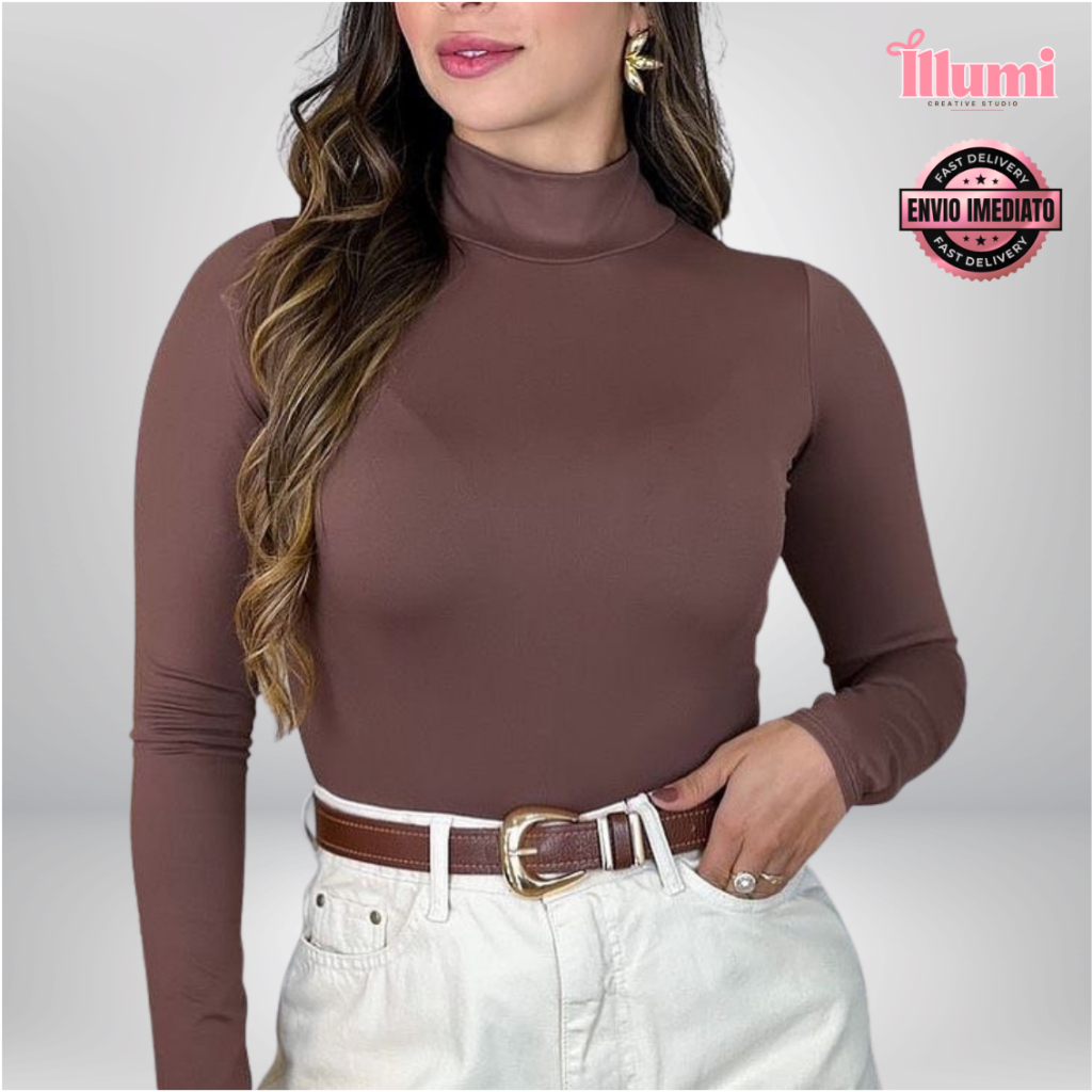 Blusa Manga Longa Feminina Cacharrel Gola Alta Segunda Pele Suplex Inverno Casual