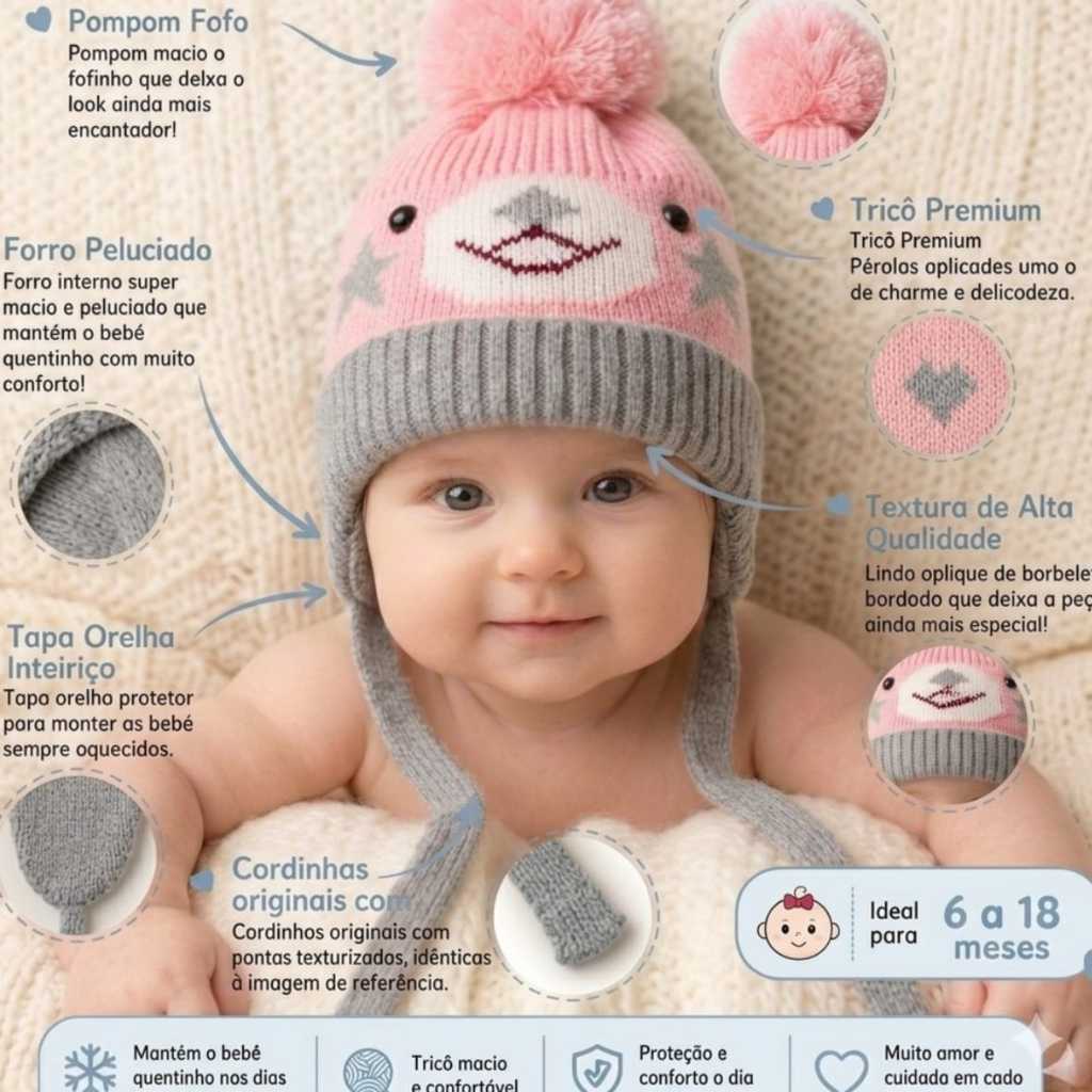 Touca Gorro com Forro Pelúcia Bebê Frio Inverno Cuidados 6 a 18 meses