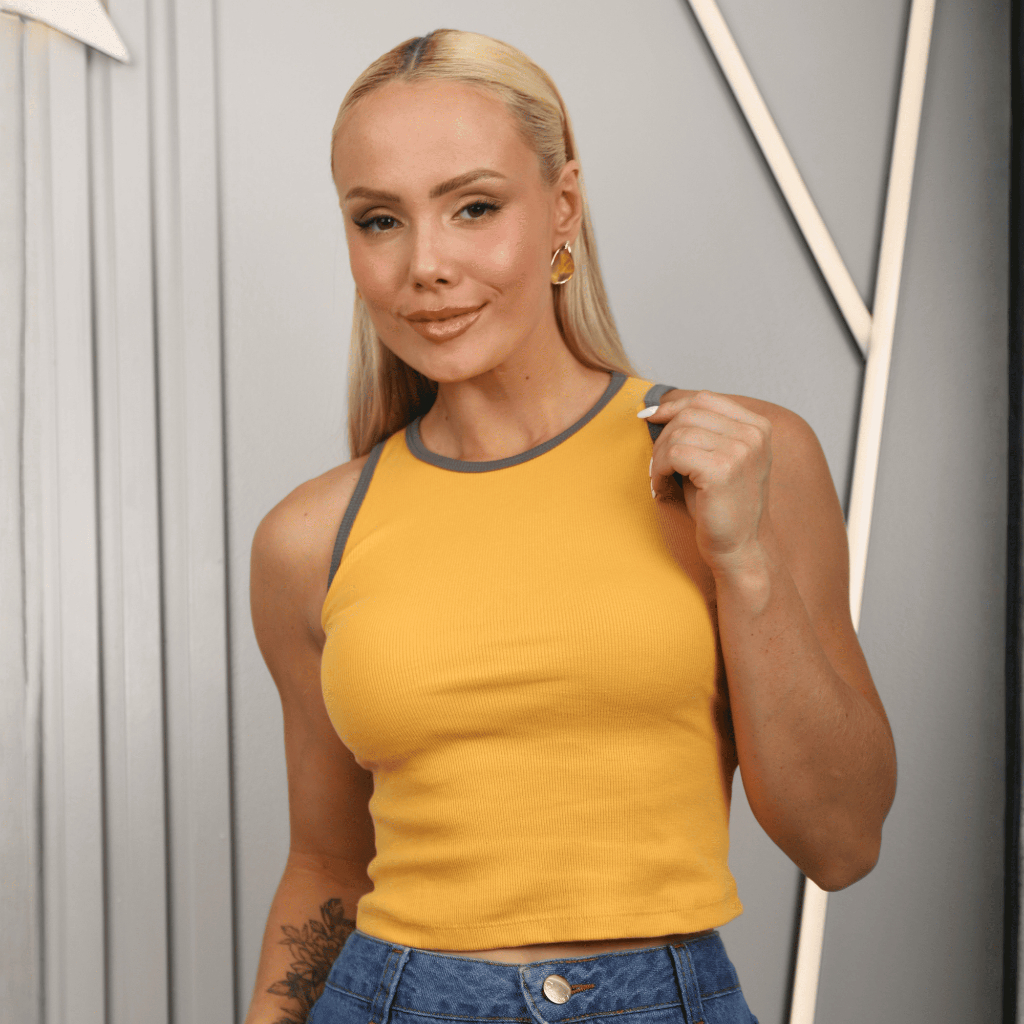 Blusinha Cropped Feminina Malha Regata Duo Elastano Malha Gola Redonda Canelada Alça Larga Fresca