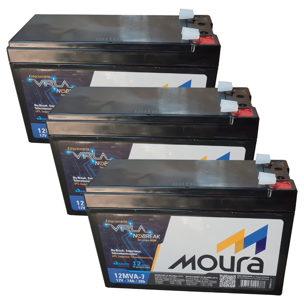 Kit 3 Moura 12MVA-7 Baterias VRLA Nobreak 12V 7 Amperes 7Ah