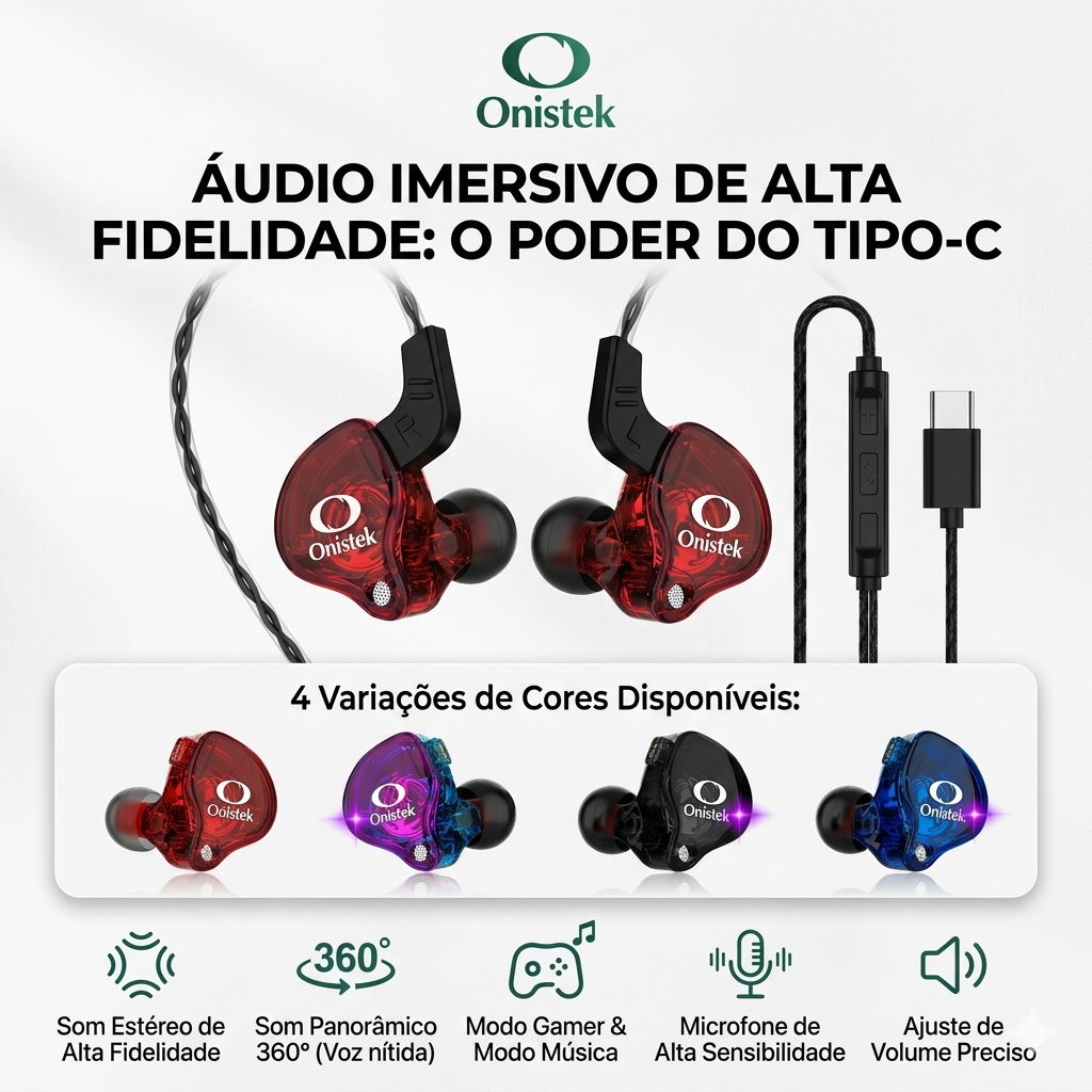 Fone Tipo-C Gamer com Microfone Áudio HD Estéreo Controle Integrado ON-1002