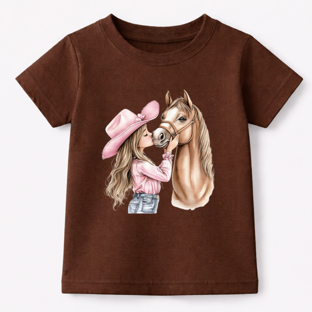 CAMISETA ESTAMPADA CAVALO INFANTIL FEMININA ADULTA COWGIRL DELICADA MINIMALISTA EXTILOSA MODERNARODEIO FAZENDA MENINA