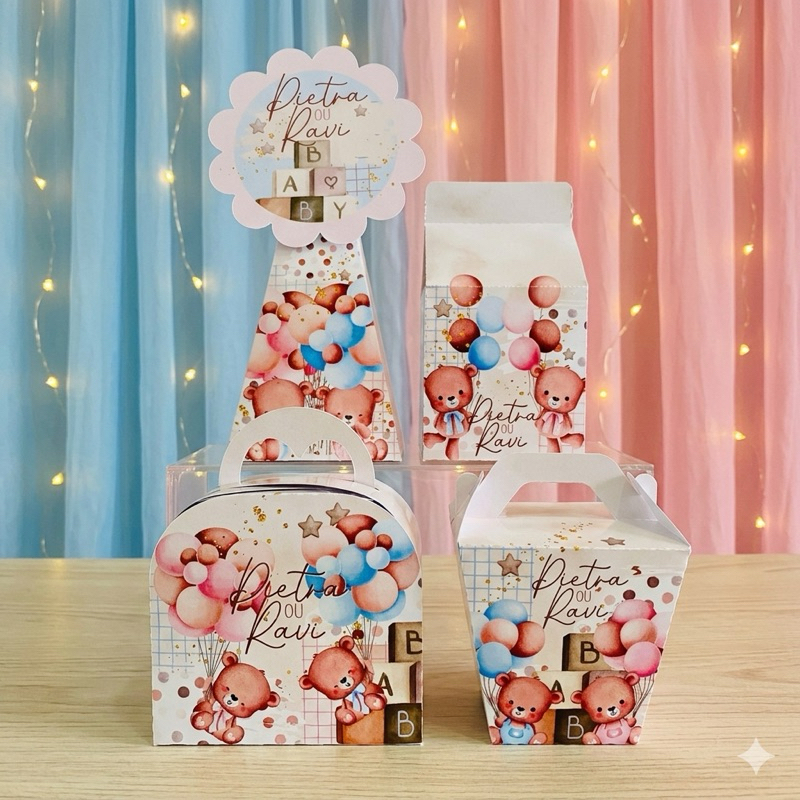 Kit Festa Personalizada Chá Revelação Ursinhos | Pegue e Monte | Lembrancinhas Personalizadas | Caixinhas Personalizadas