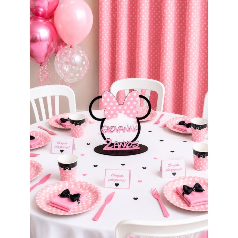 Centro de Mesa Minnie Personalizado com Nome Decoração Festa Infantil Luxo Kit com 10 unidades
