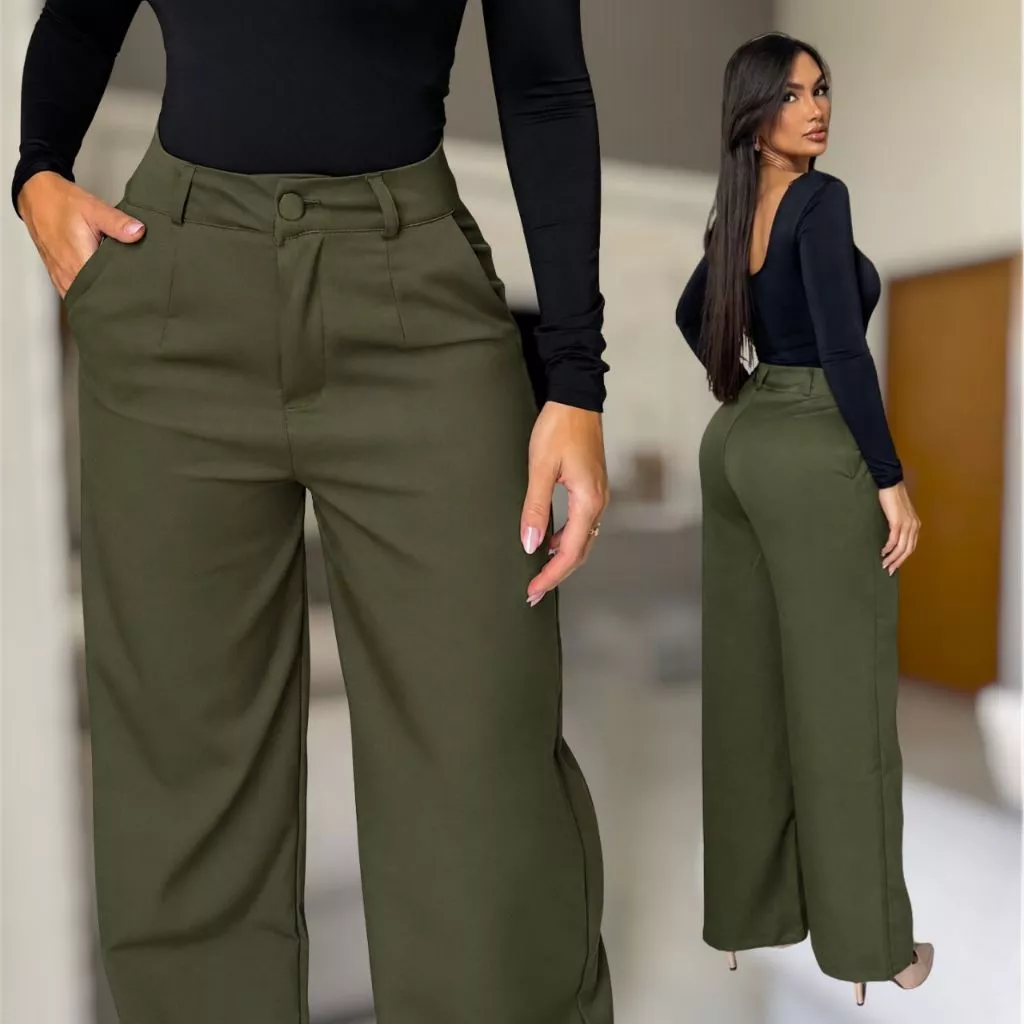 Calça Pantalona Feminina Alfaiataria Elegante Cintura Alta Wide Leg Casual Social Blogueira — imagem 1