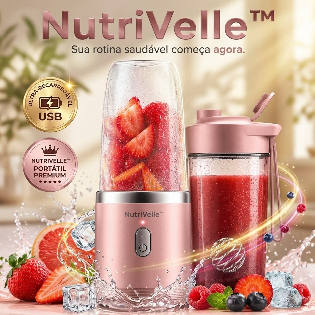 Mini Liquidificador Portátil NutriVelle™Rosa Recarregável USB 6Lâminas Garrafa Copo Mixer Para Shake Whey Vitamina 400ml