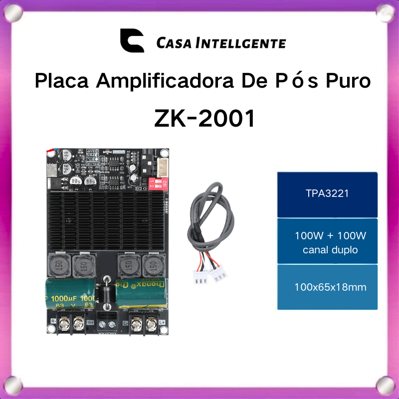 Placa Amplificadora De Pós Puro ZK-2001 DC10-30V Canal Duplo 100W + 100W Ponte Mono 200W Chip Amplificador TPA3221
