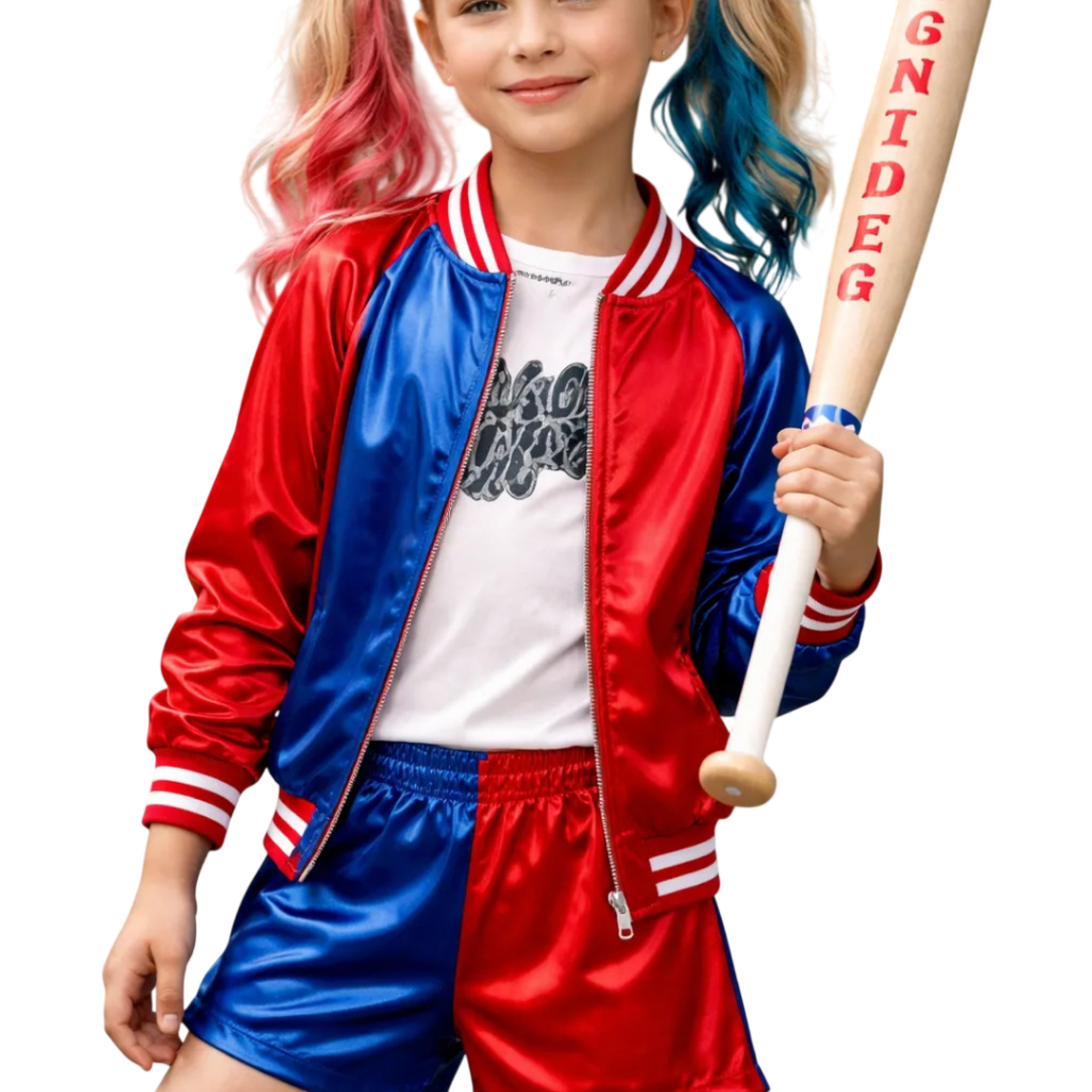 Fantasia Arlequina Infantil Completa Feminina com Jaqueta e Taco Cosplay Festa Halloween Carnaval