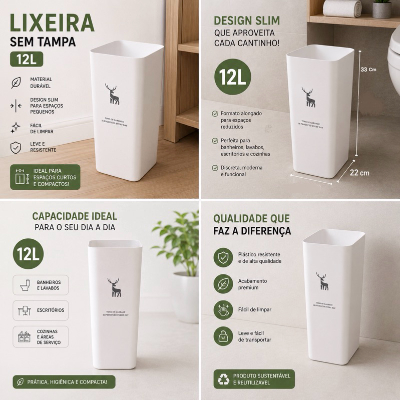 Lixeira Slim retangular 12L aberta Compacta para Banheiro Cozinha Escritório Moderna-lixeira de canto