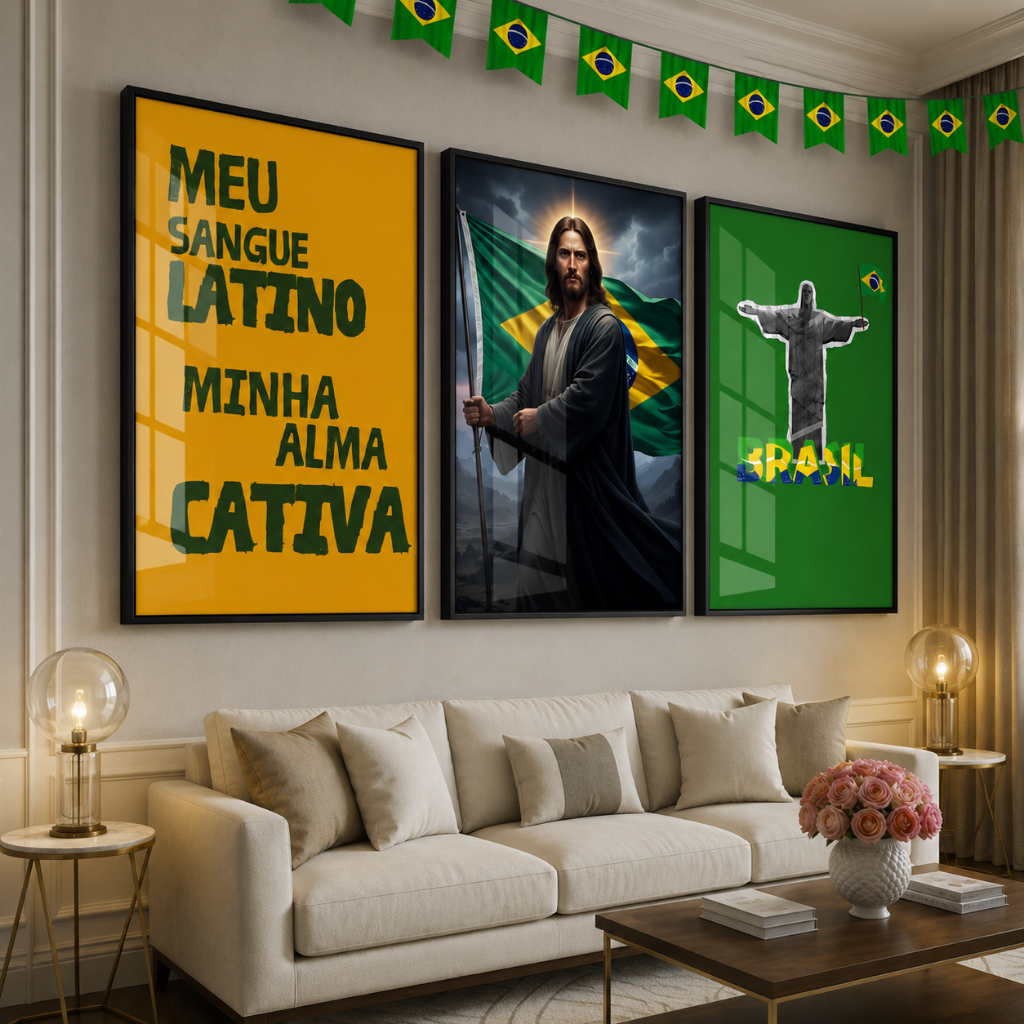 Quadros Decorativos Para Sala Quarto Kit 3 Peças Copa do Mundo Brasil Cristo Redentor Jesus Cristo