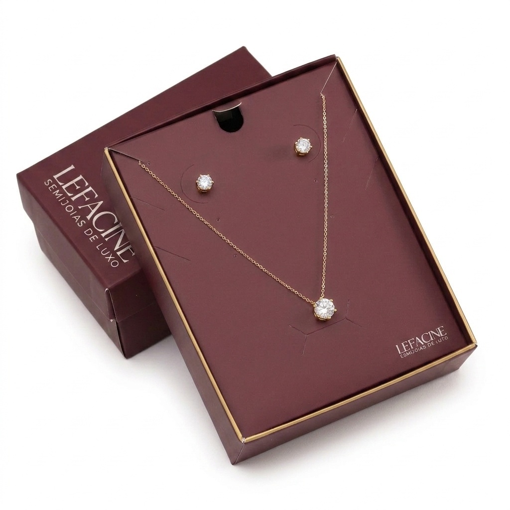 Semijoia Luxo Conjunto Ponto Luz Colar Brincos Banho de Ouro 18K  Presente Feminino