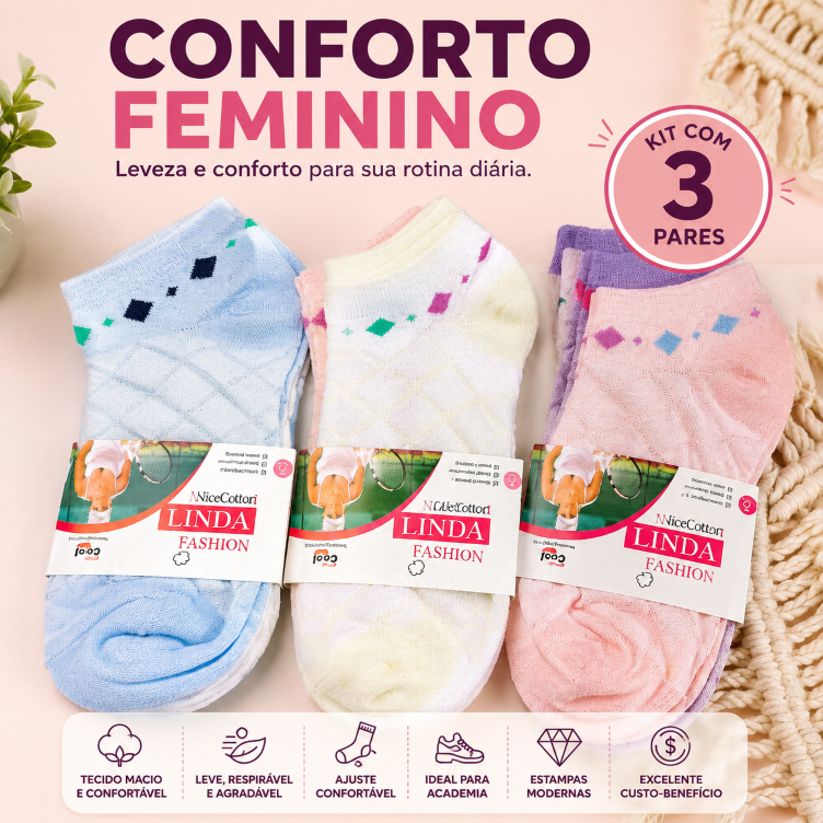 Kit 3 Pares Meia Soquete Feminina Algodão Confortável Estampada Casual Academia Dia a Dia 36 ao 40 Antiderrapante Macia