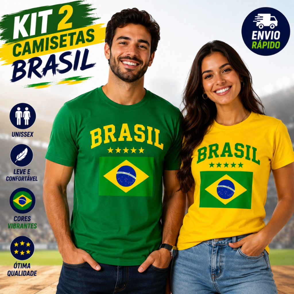 Kit 2 Camisetas Brasil Casal Copa do Mundo Unissex 100% Algodão Premium Envio Rápido