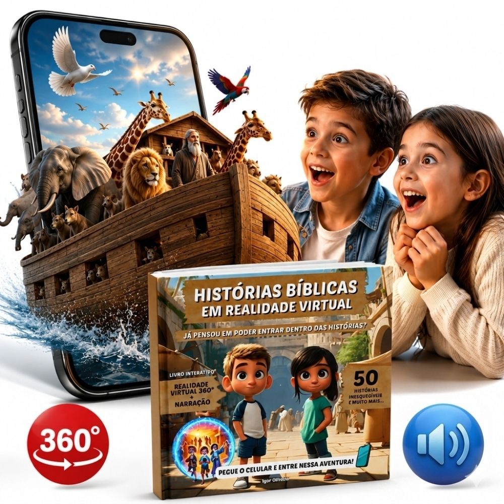 Livro Bíblico Infantil com Realidade Virtual 360° | 50 Histórias da Bíblia Narradas QR Code | Livro Educativo Interativo
