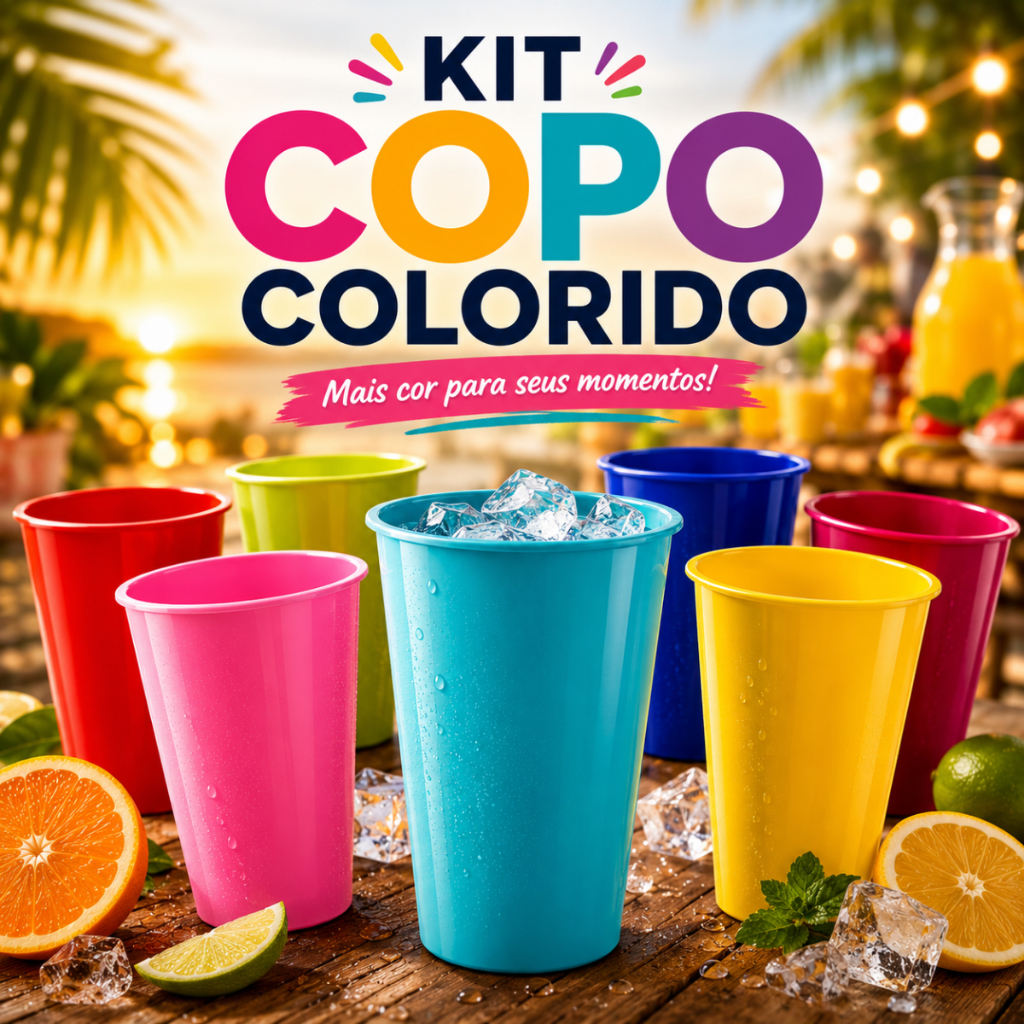 Kit copos plásticos 350ml Reutilizável Resistente e Colorido para festas eventos e escola