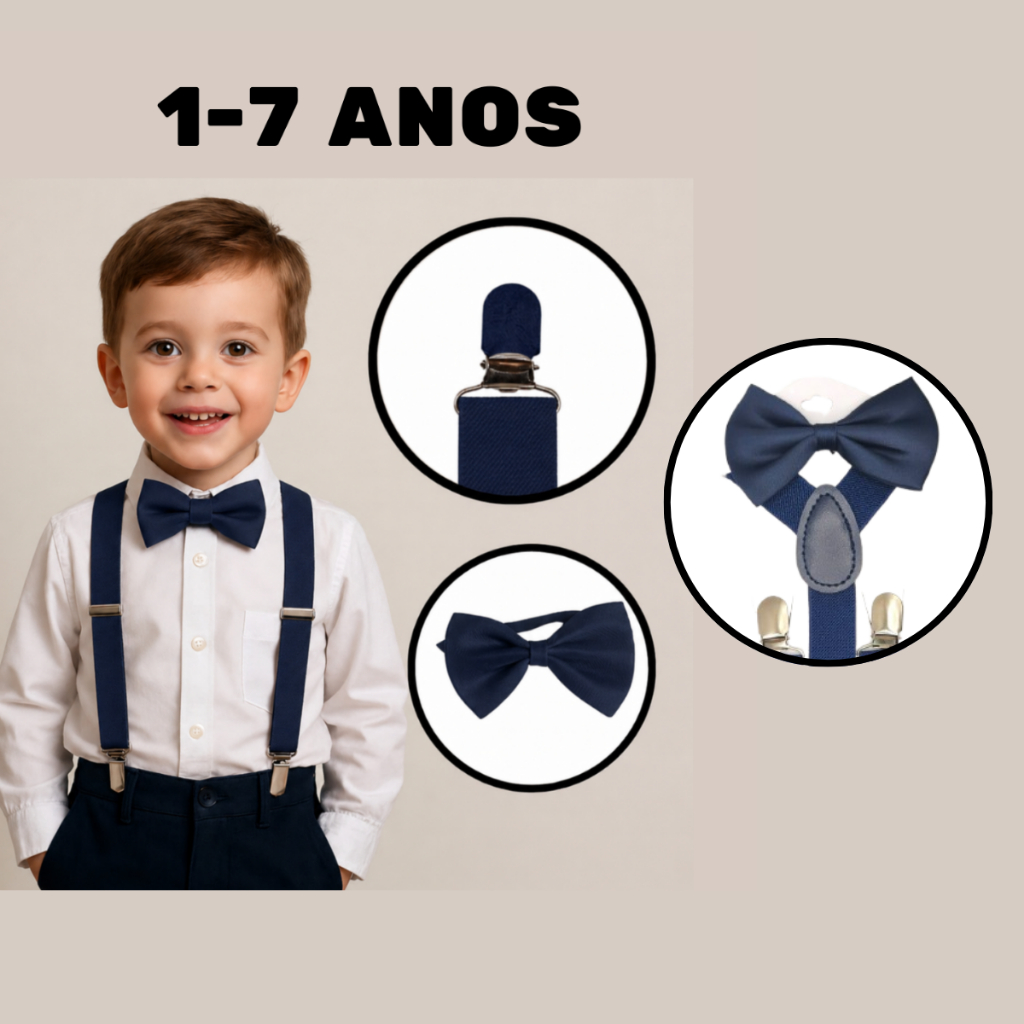 Kit Suspensório+Gravata Borboleta Ajustavel Social Kids Criança Para Festa Igreja Pajem Casamento