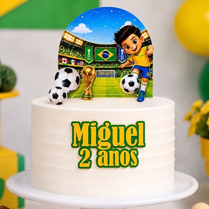 Topo de Bolo Futebol Brasil Personalizado com Nome e Idade para Aniversário Menino Seleção Brasileira