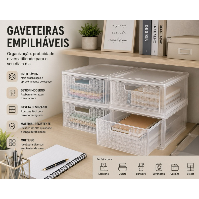 Kit 4 Gaveteiros Organizadores Empilháveis Rattan Transparente Nitron – Organizador Modular 7,9 Litros